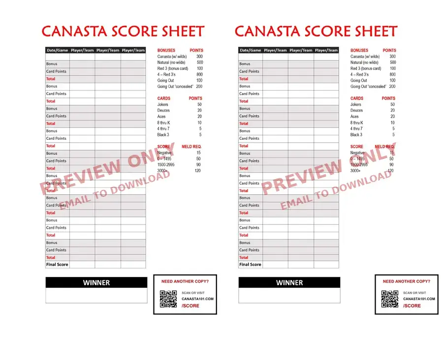 Watermarked preview of the free printable Canasta score sheet with card values, bonuses, and minimum meld requirements