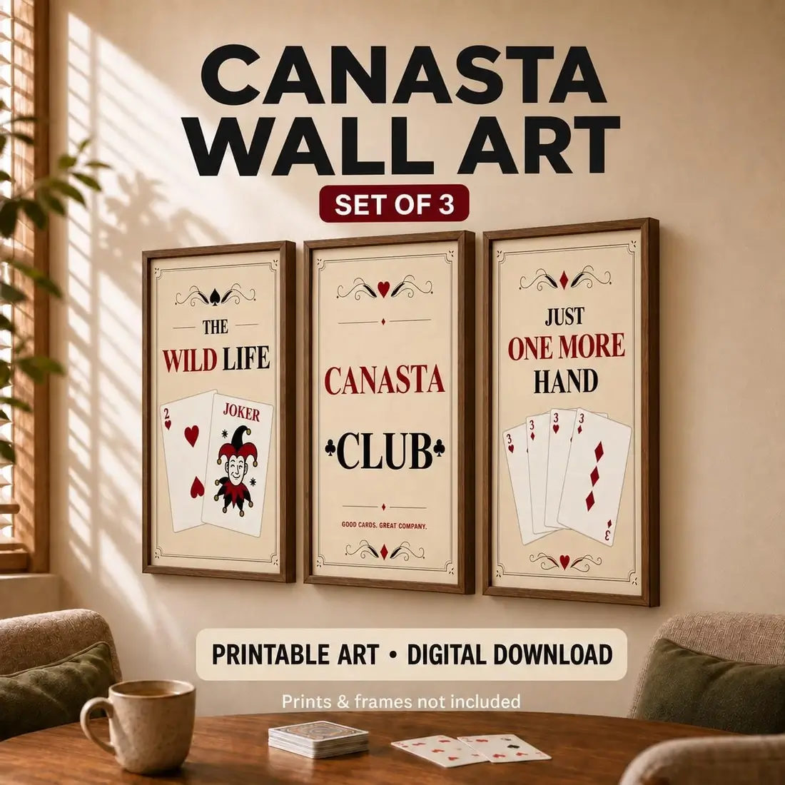 Three coordinating vintage Canasta wall art prints displayed in wooden frames above a game table